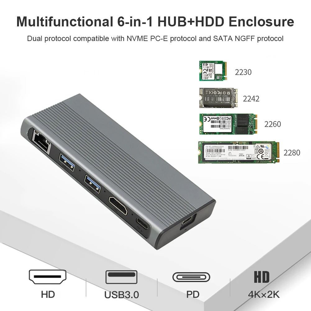 

USB-концентратор SSD типа C 3,1 на M.2 NVME NGFF HD 4K 1000M LAN 10 Гбит/с M.2