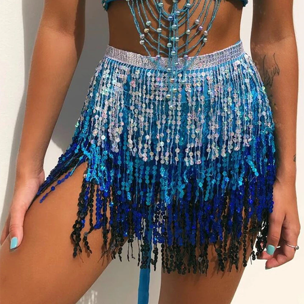 Сексуальная Женская юбка с бахромой и блестками женская летняя пляжная короткая