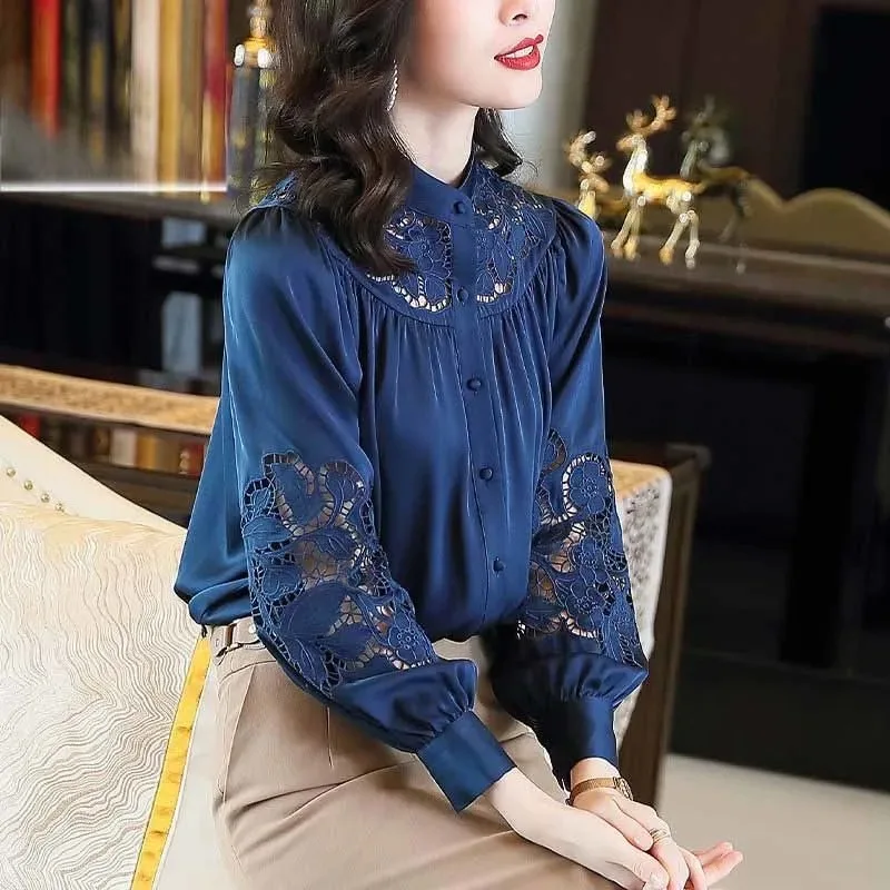

Embroidery Hollow Shirt Blue Imitation Silk Long Sleeve Blouse 2021 Women New Fashion Loose Top Office Lady Casual Wear