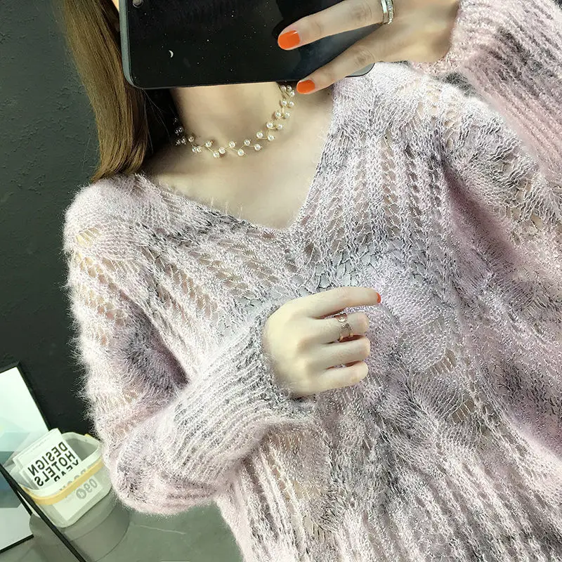 Sweater Female 2019 Autumn Winter Cashmere Knitted V Neck Sexy Hollow Out Women And Pullover Jumper Pull Femme | Женская одежда