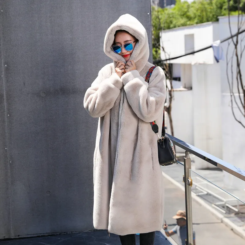 Зимнее новое пальто с искусственным кроличьим мехом длинное капюшоном толстое