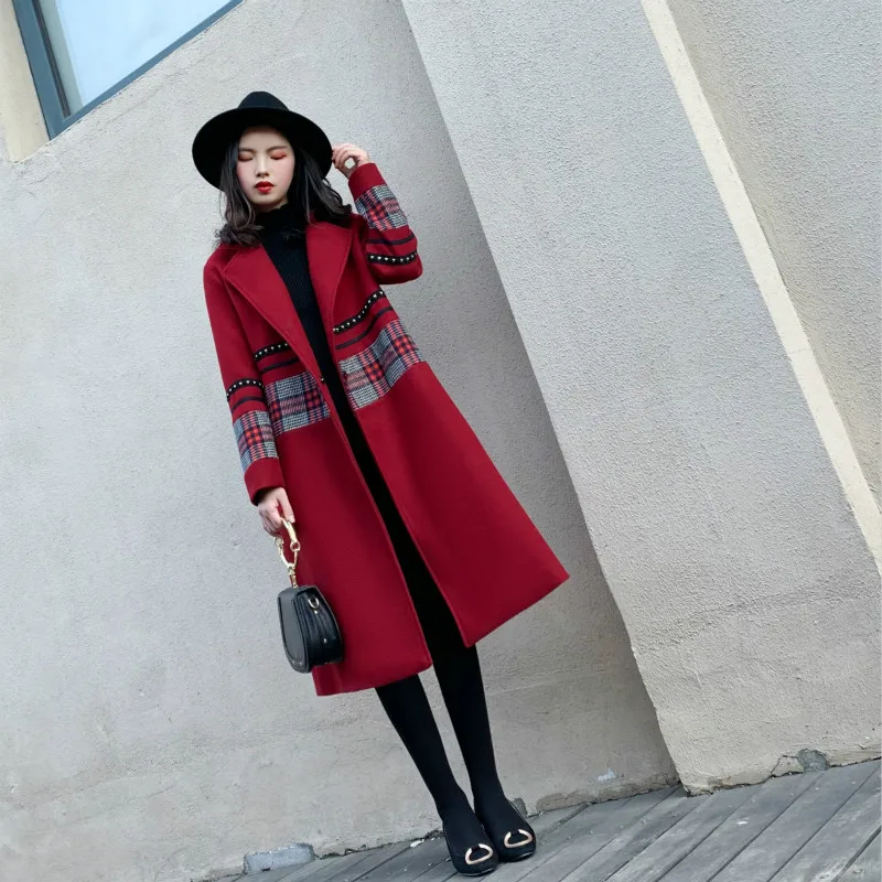 

Осенне-зимнее красное шерстяное пальто средней длины, пальто выше колена для женщин 2020, корейские свободные шерстяные пальто, зимние куртки...