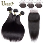 Uneed пряди волос с закрытием бразильские прямые волосы плетение 34 пряди с закрытием Remy 100% человеческие волосы для наращивания 8-26 дюймов
