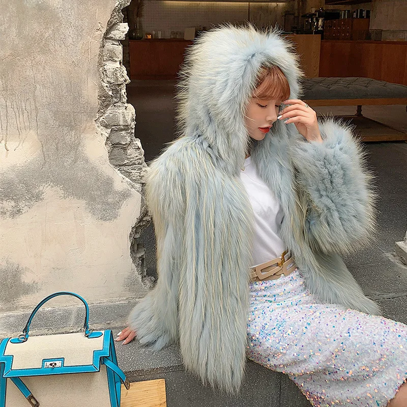 

fur coat for women's real long hooded medium length hair knitting sleeve Korean slim knitting sweater coat