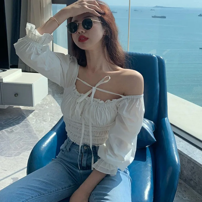 

LORDWEY Women' s Square Collar Chiffon Blouses Fashion Sexy Sweet Navel Exposed Long Sleeves Short Blouses, White