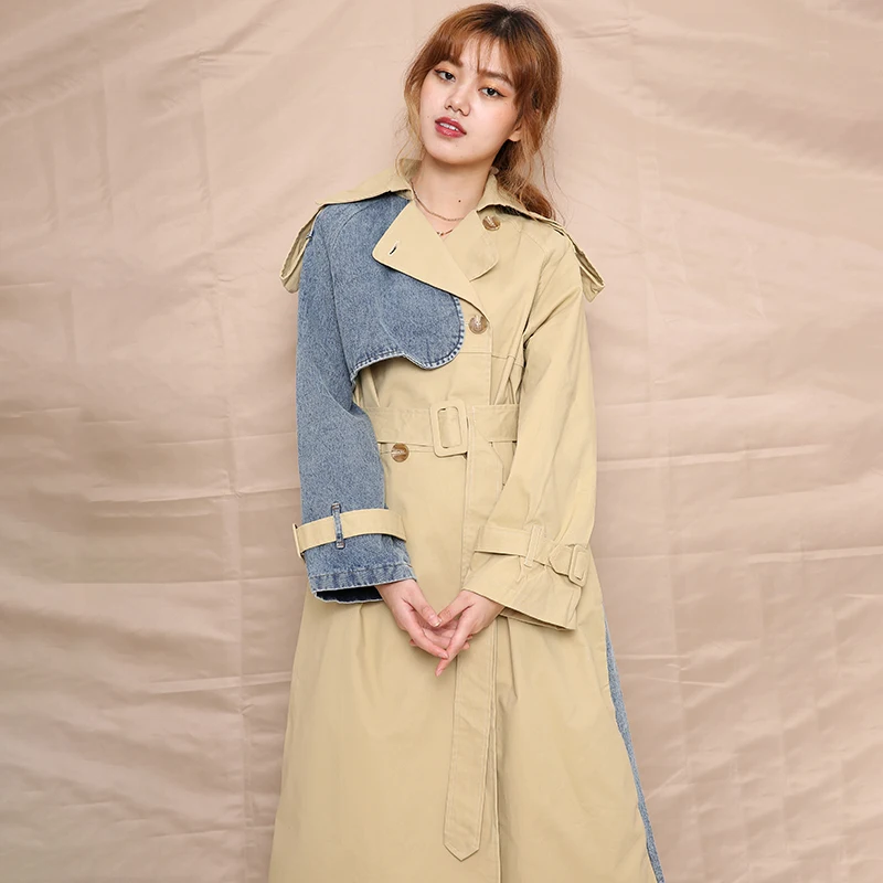 

Long Sleeve Loose Fit Windbreaker Fashion Spring Autumn 2021 WJ26604L Women Khaki Long Big Size Denim Trench New Lapel