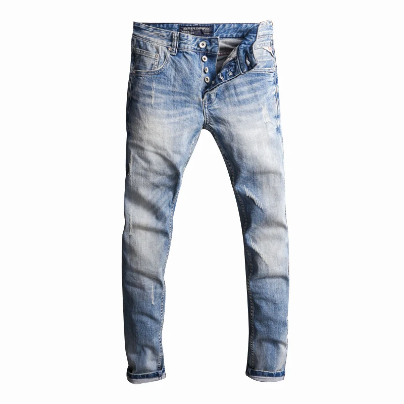 

Fashion Streetwear Men Jeans High Quality Light Blue Slim Fit Ripped Jeans Men Destroyed Buttons Pants Designer Hip Hop Jeans