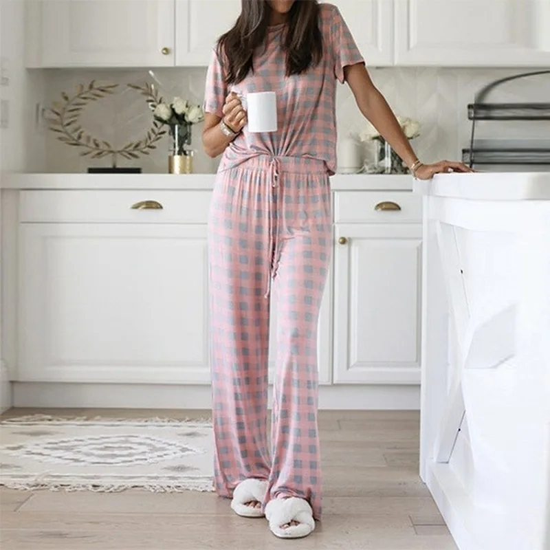 Summer Fashion Women Home Pajamas Set  Short Sleeve Round Collar Tops + Trousers Two Piece Sets Ladies Casual Suits