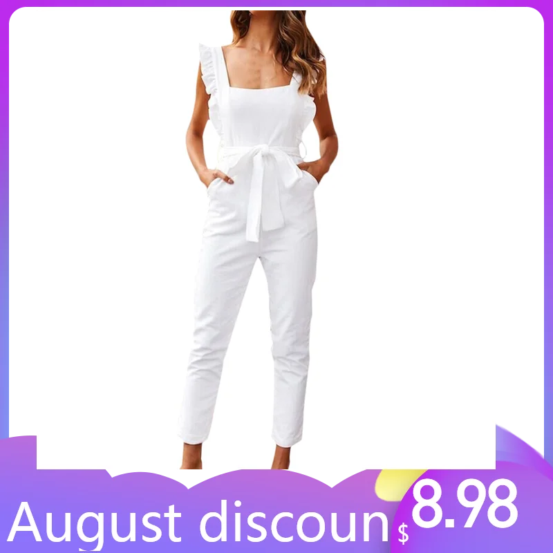 Женский льняной комбинезон Womail белый с оборками на рукавах и карманом лето