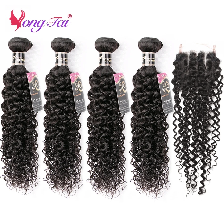 Indian Human Hair Bundles With 4x4 Lace Closure Kinky Curly Natural Color Non Remy Human Hair Extensions for Women Free Shipping