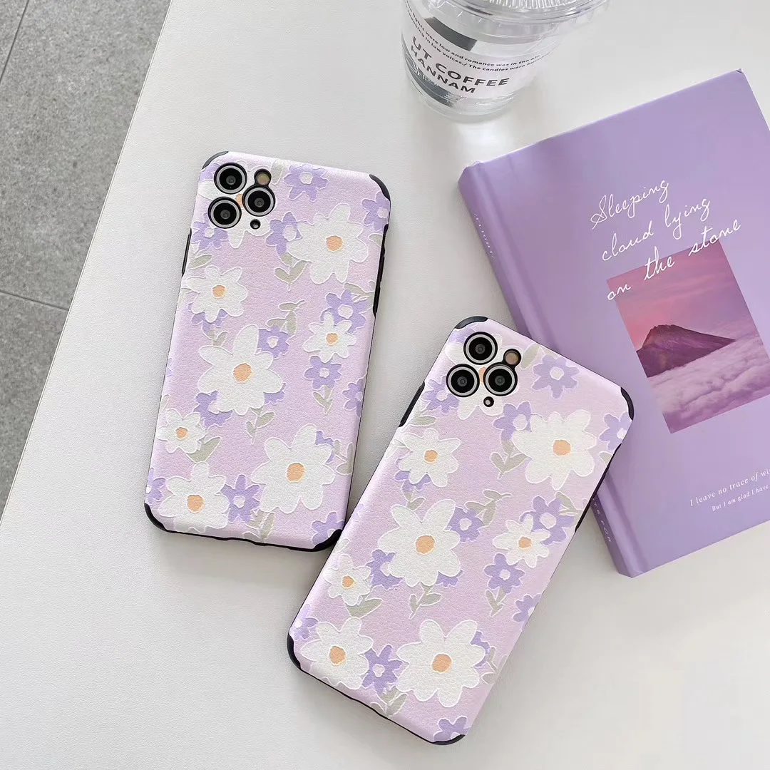 Фиолетовый чехол для телефона из искусственной кожи с ромашками iPhone 11 Pro Xr XS Max SE2020