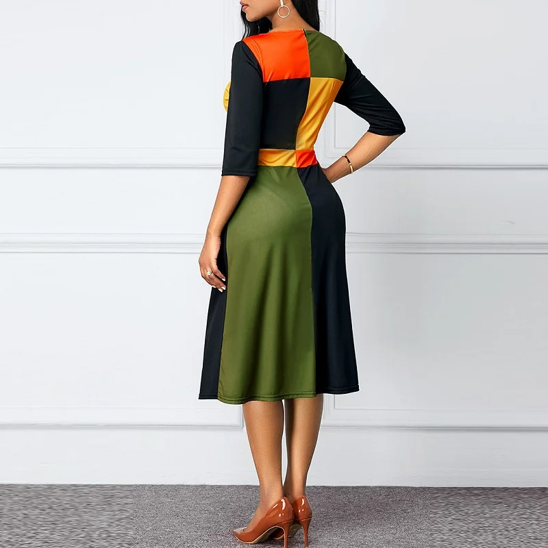 

Large Size S-5XL Summer Women's Dress Three-Quarter Sleeves Geometric Stitching O-Neck Robe Femme Vestido De Mujer