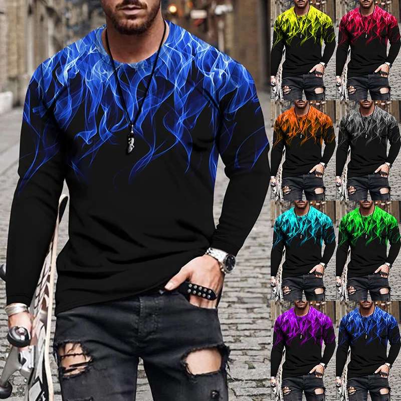 

2021 Autumn New Men's Flame Print Casual Men's Long Sleeve T-shirt Plus Size Fire Sweatshirt Female Pullovers Tops