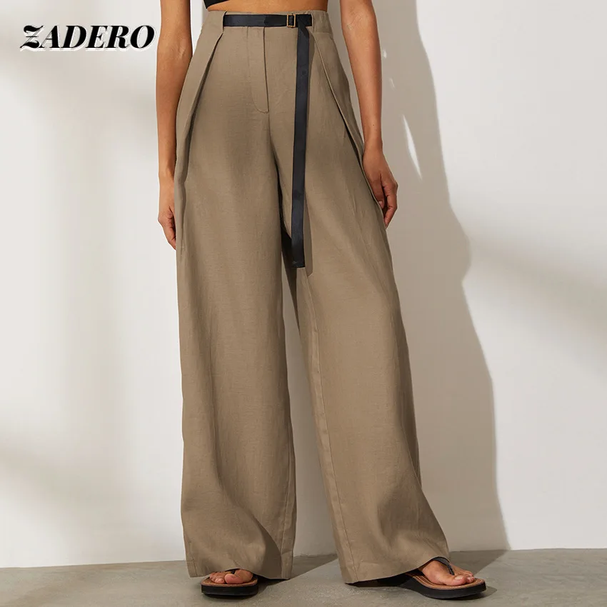 

Women's High Waist Wide Leg Pants Satin Drape Silky Casual Summer Loose Belt Pleated Office Lady Fashion Pocket Trousers 2021