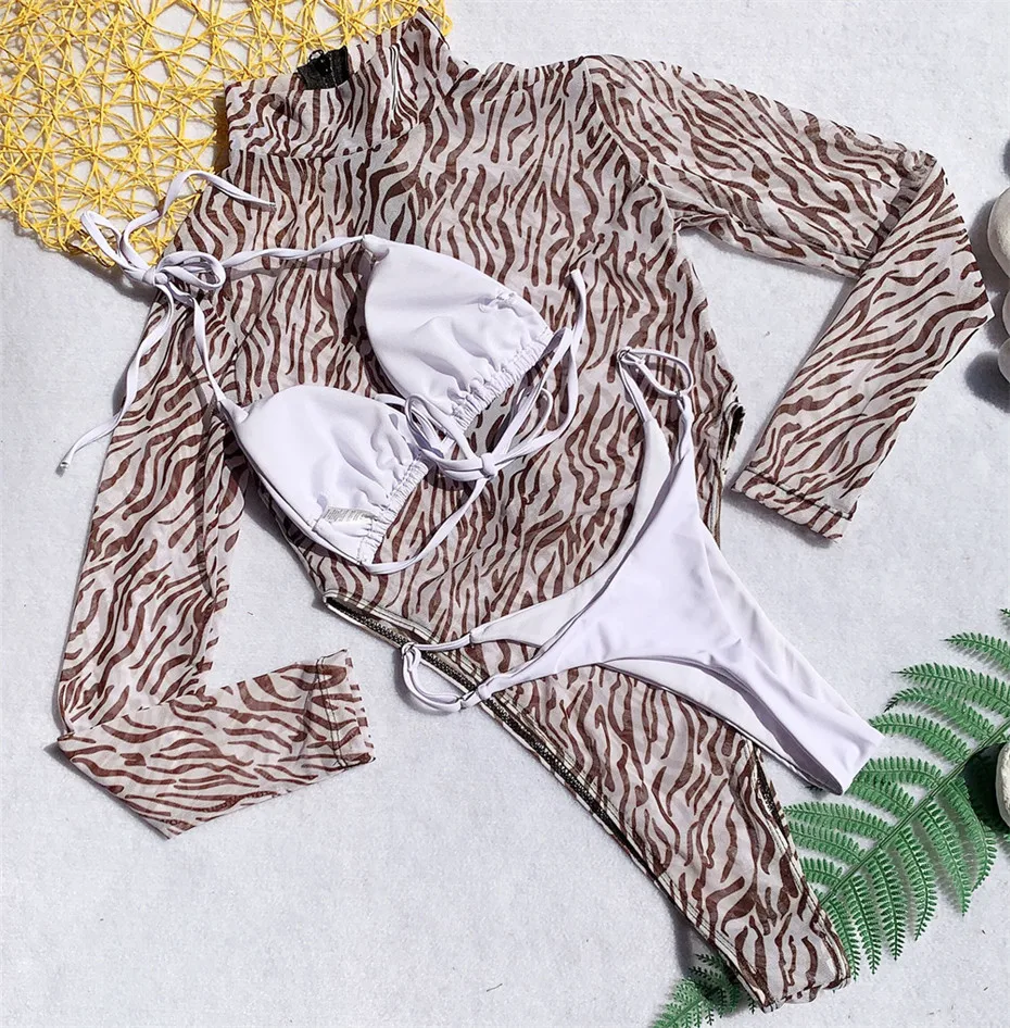 Новый трехкомпонентный купальник с леопардовым принтом и из сетки для женщин 2019 года, сексуальный бикини-комплект с эффектом push-up, монокини бразильского стиля.