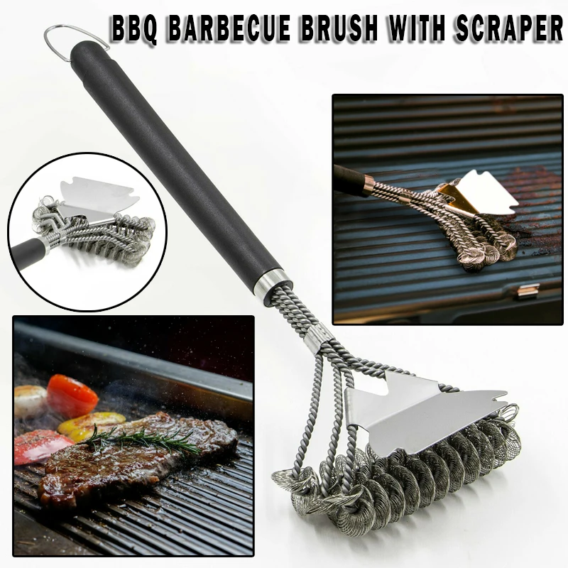 

Creative 1PC 3-Heads BBQ Grill Cleaner Brush Stainless Steel Bristles Non-Stick Cleaning Brush With Handle Barbecue Accessories