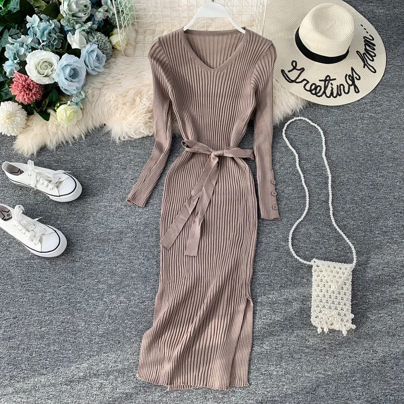 

Autumn Winter Women Knitted Cotton Medium Long Dress Side Slit Casual Slim Dress