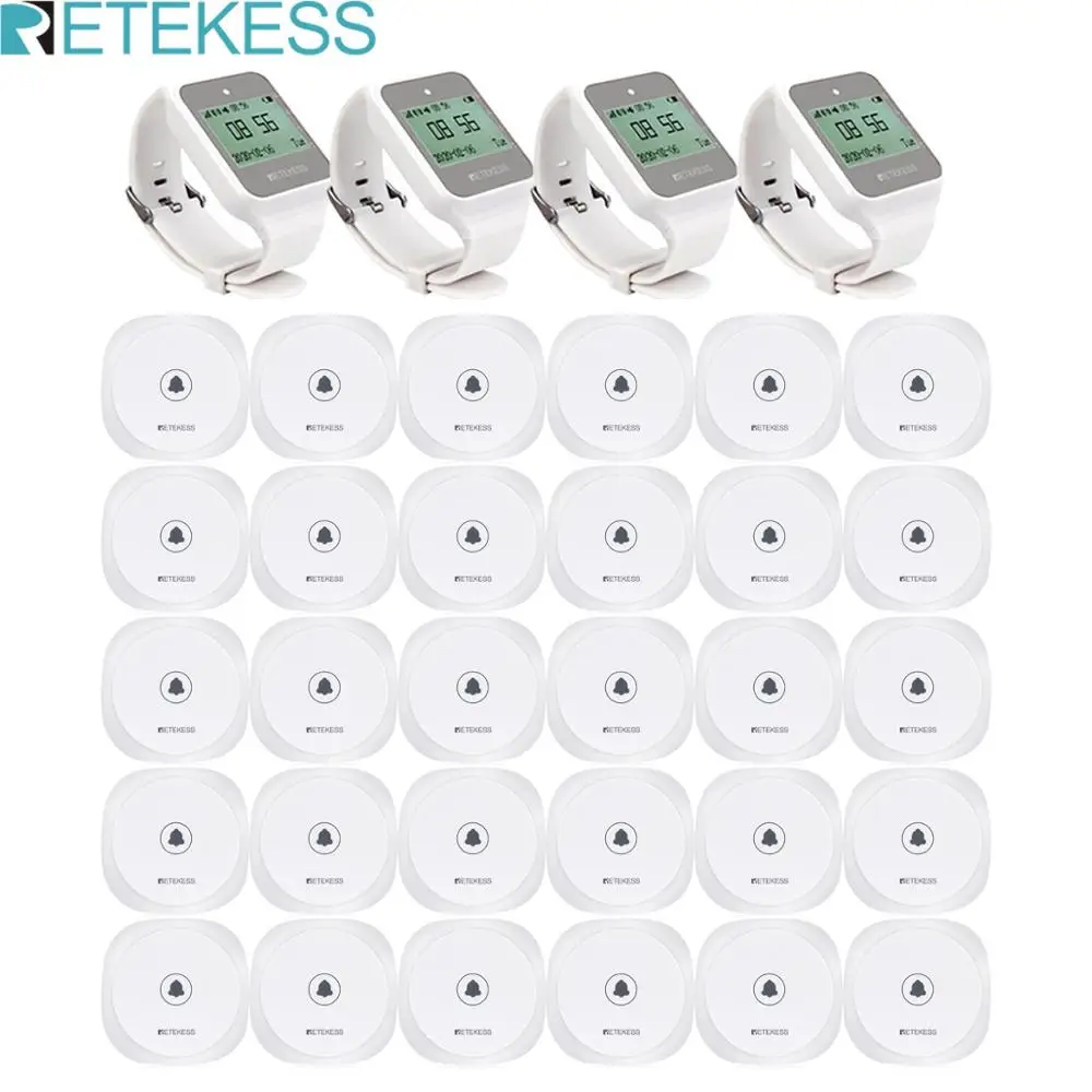 

Retekess 4Pcs TD108 Wireless Pager Watch Weceiver + 30Pcs TD017 Call Button Waiter Calling System Transmitter For Restaurant