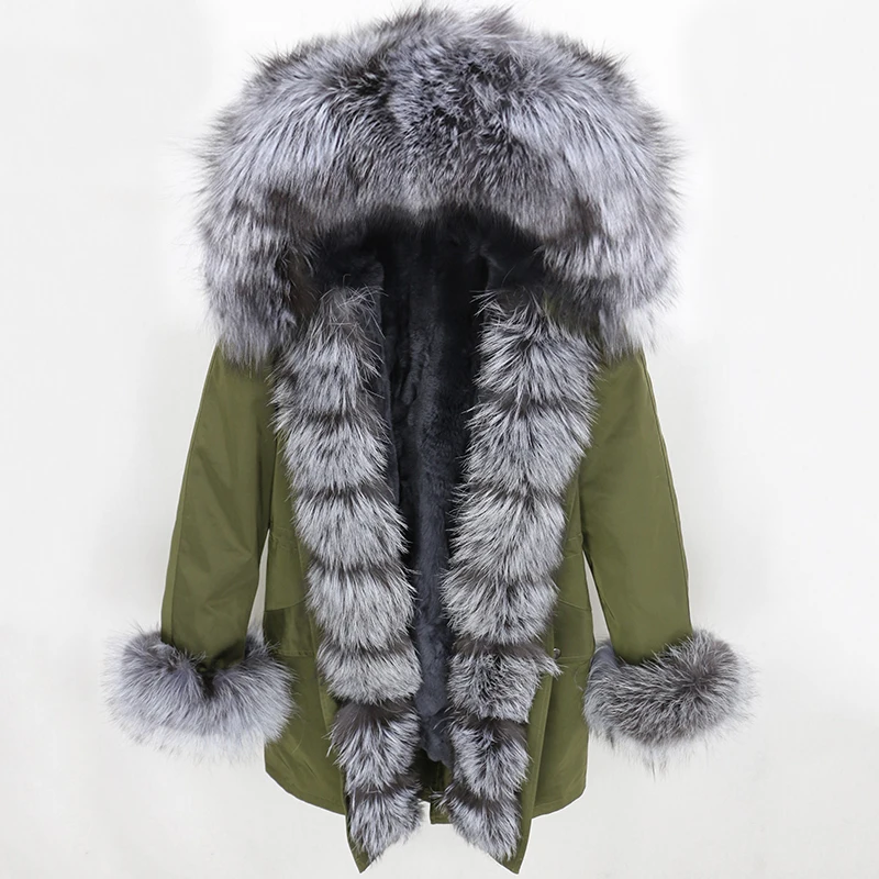 OFTBUY, водонепроницаемая парка, натуральное меховое пальто, зимняя куртка для женщин, воротник из натурального меха енота, капюшон, подкладка из натурального кроличьего меха, съемная - Цвет: green silver grey