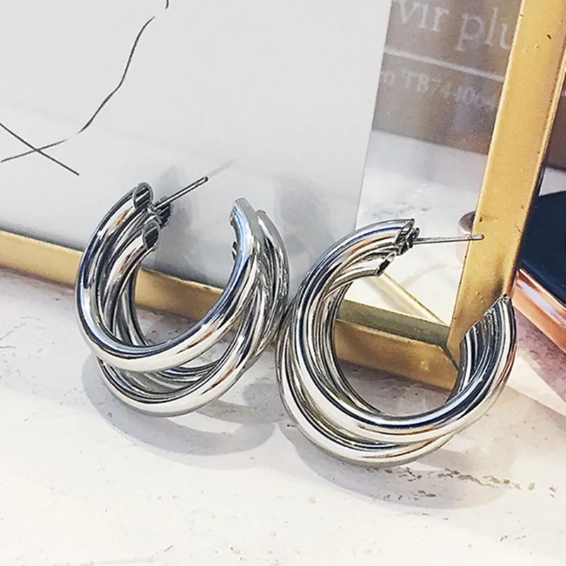 Gold 3 Row Circle Hoop Earrings C Shaped Triple Open Hoops Minimalist Simple Jewelry Accessories | Украшения и аксессуары