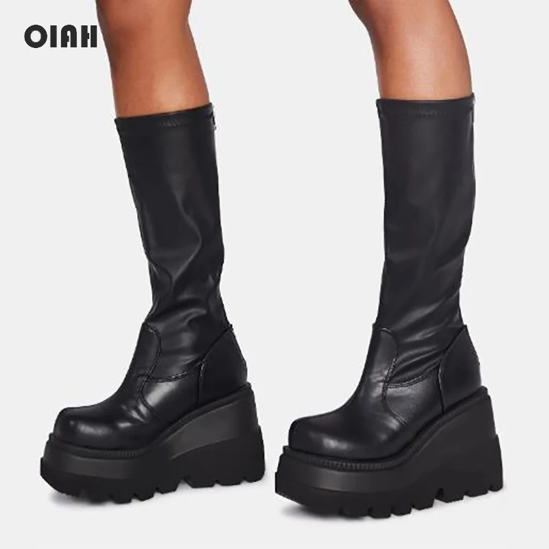 

OIAH Design Women Motorcycle Boots Thick Sole Round Toe Back Zipper High Quality Genuine Leather Handmade Footwear Lady Shoes