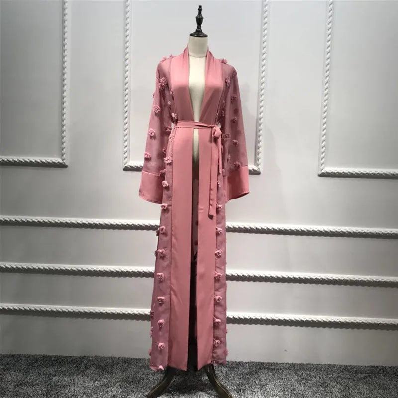 Dubai Muslim Open Abaya Hijab Dress Women Plush Ball Kimono Caftan Lace-up Jubah Islamic Clothing Musulman Marocain Long Robe | Женская