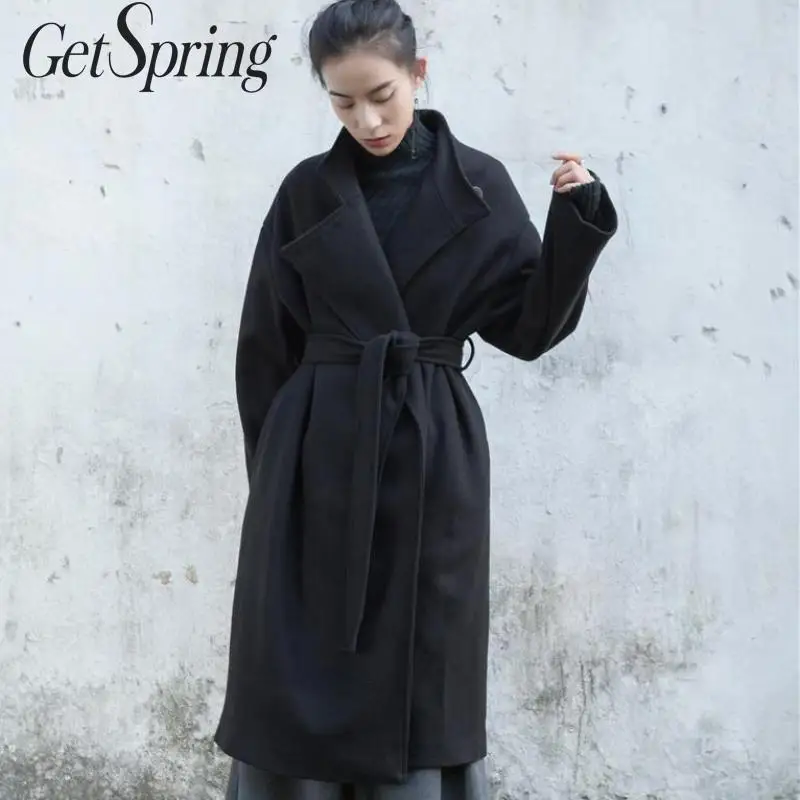 Getвесеннее Женское пальто стоящая шнуровка на груди шерстяное черное Vlintage