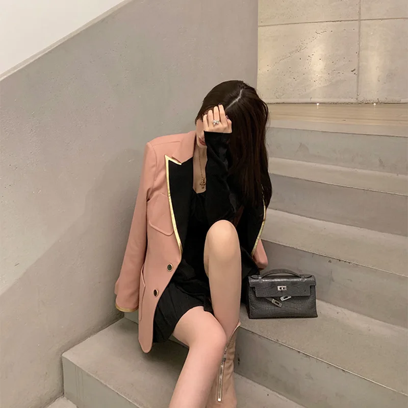 

Women Spring Casual Long Sleeve Contrast Color Black and Pink Blazer Notched Black Buttons High Street Long Jacket Coat