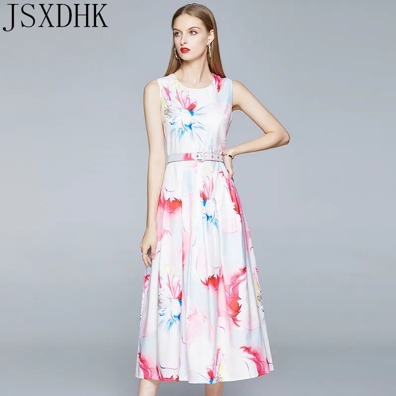 

JSXDHK 2020 New Summer Fashion Designer Women Sleeveless Ink Flowers Colorful Print Long Midi Casual Dress