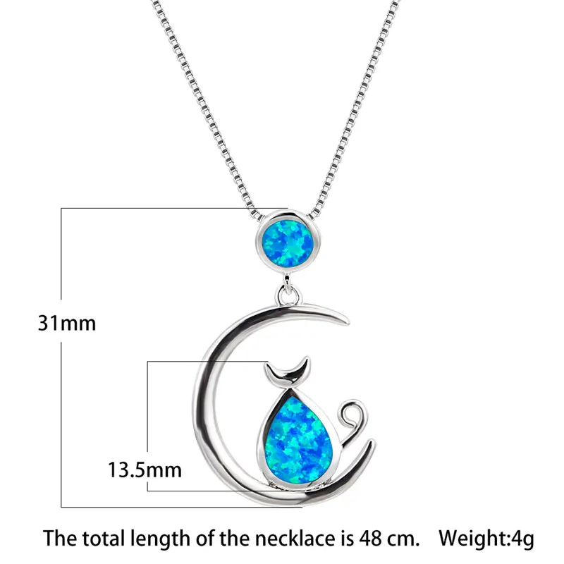 Cute Female Big Cat Moon Pendants Necklaces Silver Color Wedding For Women Boho White Blue Fire Opal Necklace | Украшения и