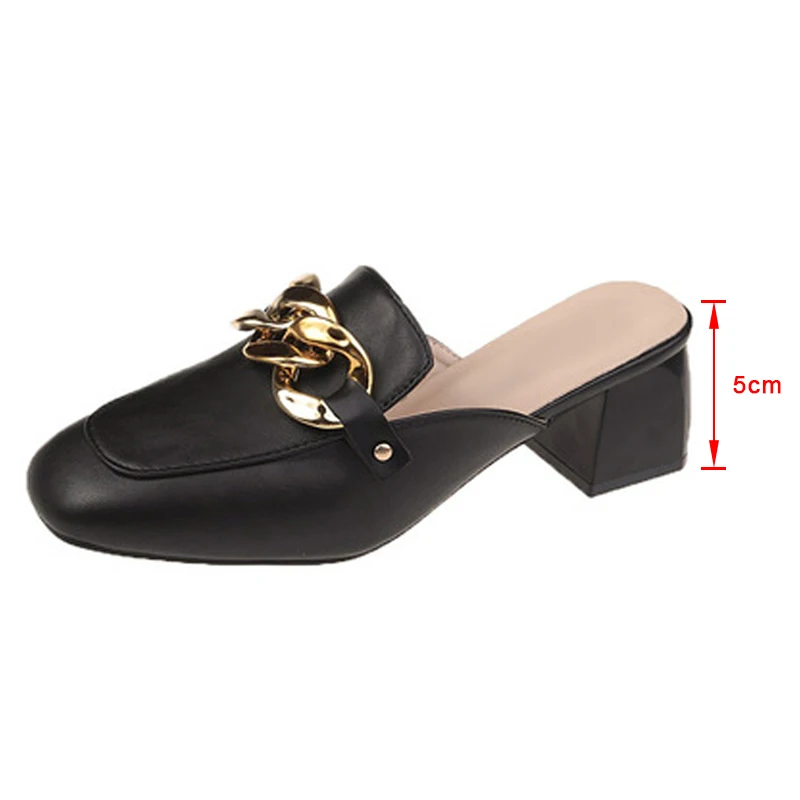 

Women Mules Slippers Chain Summer Shoes PU Mid Heels Ladies Plus Size Footwear Female Sandals Shoe 2021 Fashion New Outdoor