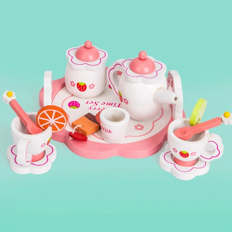 

Kids Tea Party Pretend Play Baby Wooden Tea Set Toys Kitchen Tools Tableware Playset for Girls Afternoon Tea Role Play