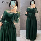 Изумрудно-Зеленое Шифоновое Вечернее Платье Verngo с пышными длинными рукавами и круглым вырезом, женские платья с цветными кристаллами для выпускного вечера, вечерние платья