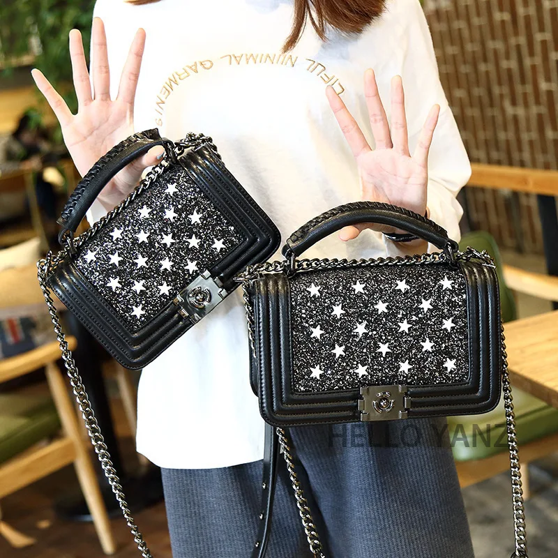 

Spring New Personality Small Square Bag Five-pointed Star Sequin Chain Female Shoulder Bag Diagonal Handbag