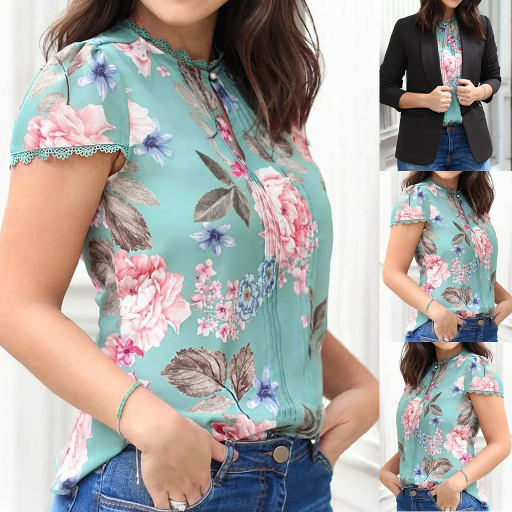 

Lace Patchwork Summer Shirt Floral Printing Short Sleeve Tunic Tops O Neck Slim Fit Shirt Top Casaul Women's Blouse Mujer