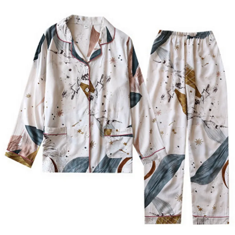 

2020 New Autumn Womens Pajama Set Fashion Long Sleeve Print V Neck Button Tops Loose Long Trousers Cotton Tracksuit Home Clothes