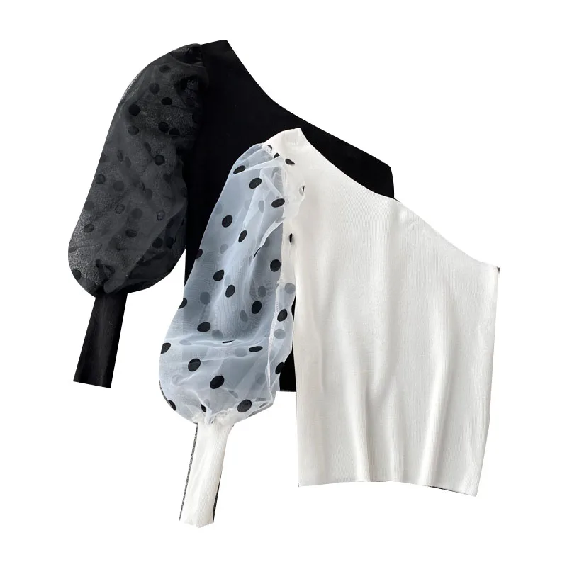 

Women One Shoulder Knitted Blouse Chic Diagonal-Collar Dot Puff Sleeve Slim Top Summer Sexy Off Shoulder Short Blouses