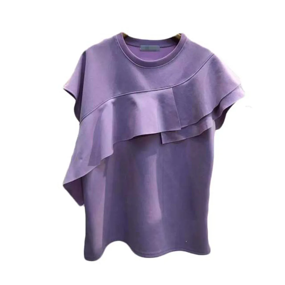 

Women's T-shirt Simple Short Sleeve Plain Round Neck Ladies Fashion Summer Loose Casual T-shirts Ruffle Stitching Female Tshirts