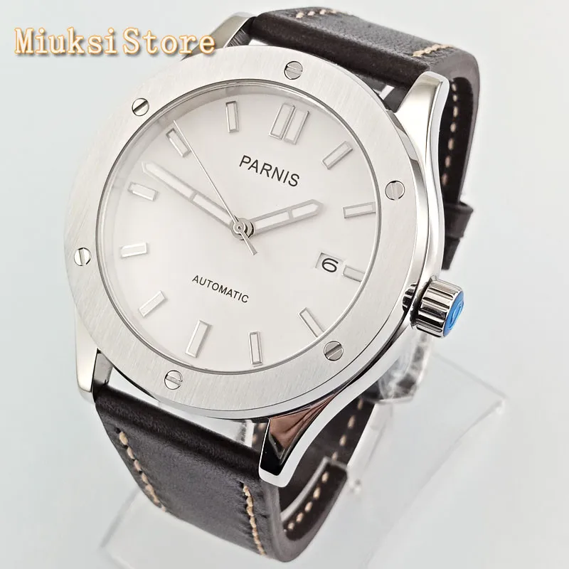 Мужские серебристые часы с сапфировым стеклом и кожаным ремешком | Наручные