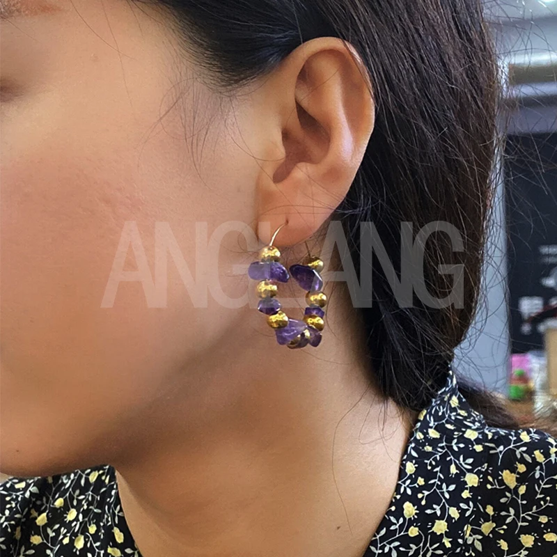 

Natural Stone Crystal Handmade Crushed Hoop Gold Earrings For Women Korean Fashion Luxury Women's Accessories
