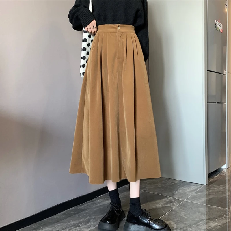 

Autumn Winter Velvet Calf Long Pleated Skirt Khaki Coffee