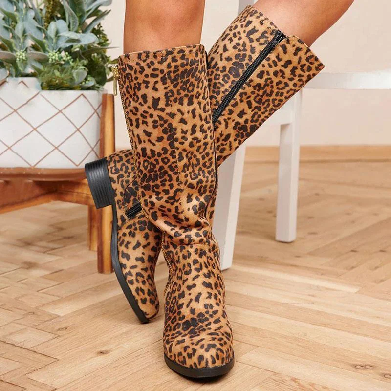 

2021 Ladies High Boots Retro Leopard Print Women's Knee-length Boots Autumn New Round Toe Zipper Women's Low Heel Knight Boots