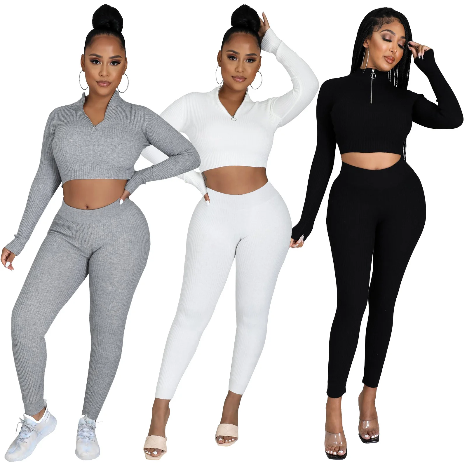 Women Sports 2pc Suit Half High Collar Long Sleeve Open Navel Tops Elastic Waist Pencil Pants Two-piece Set Streetwear 3 Colors