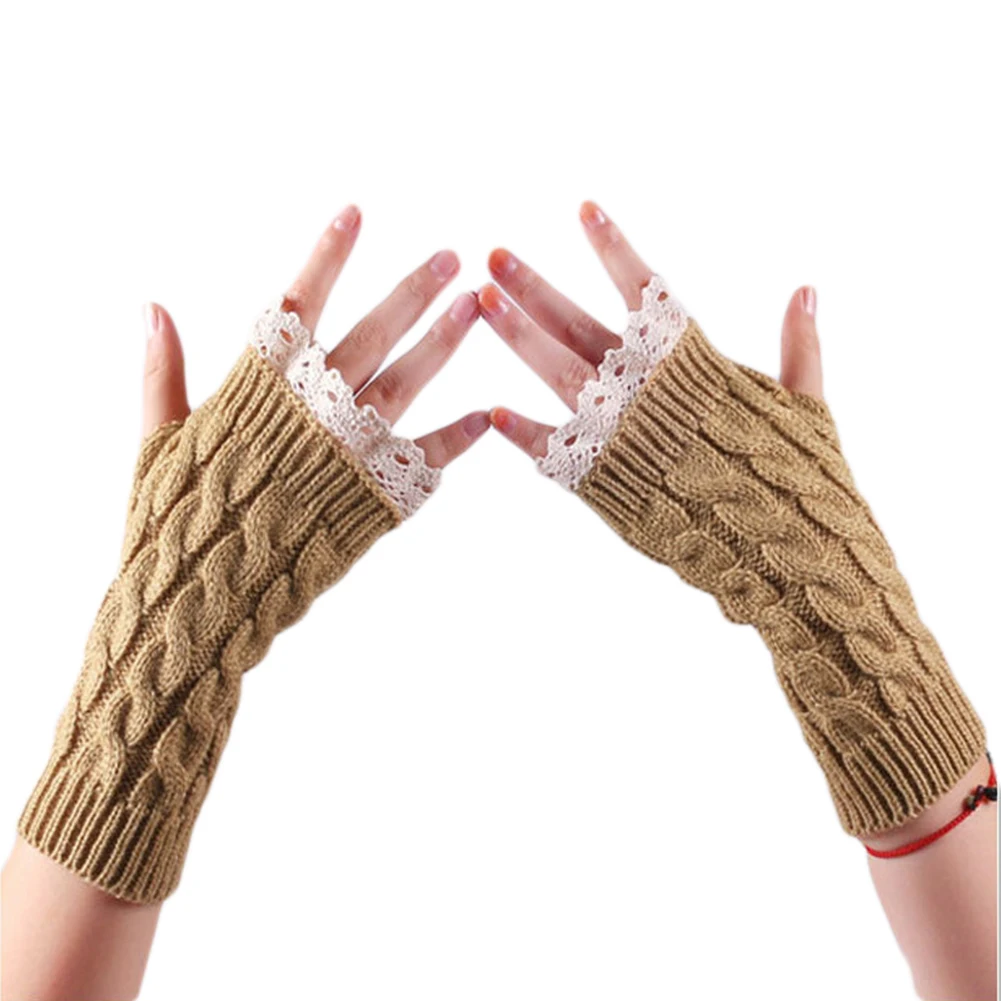 

Winter Women Gloves Fashion Lace Trims Fingerless Gloves Knitted Mitten Wrist Warmer Gloves Solid Gants Femme Guantes Invierno