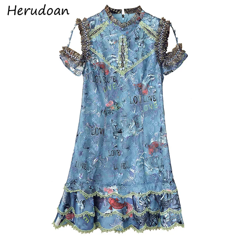 

Herudoan Fashion Designer Summer Mini Dress Women Ruffles Lace Slim Vintage Strapless Print Party Ladies A-Line Dresses Vestidos