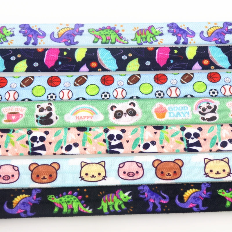 

DUWES 5/8'' 50yards Dinosaur Umbrella Panda Ball Printed Fold Elastic FOE Stretch Ribbon Hairbow Headwear Headband DIY OEM D1537