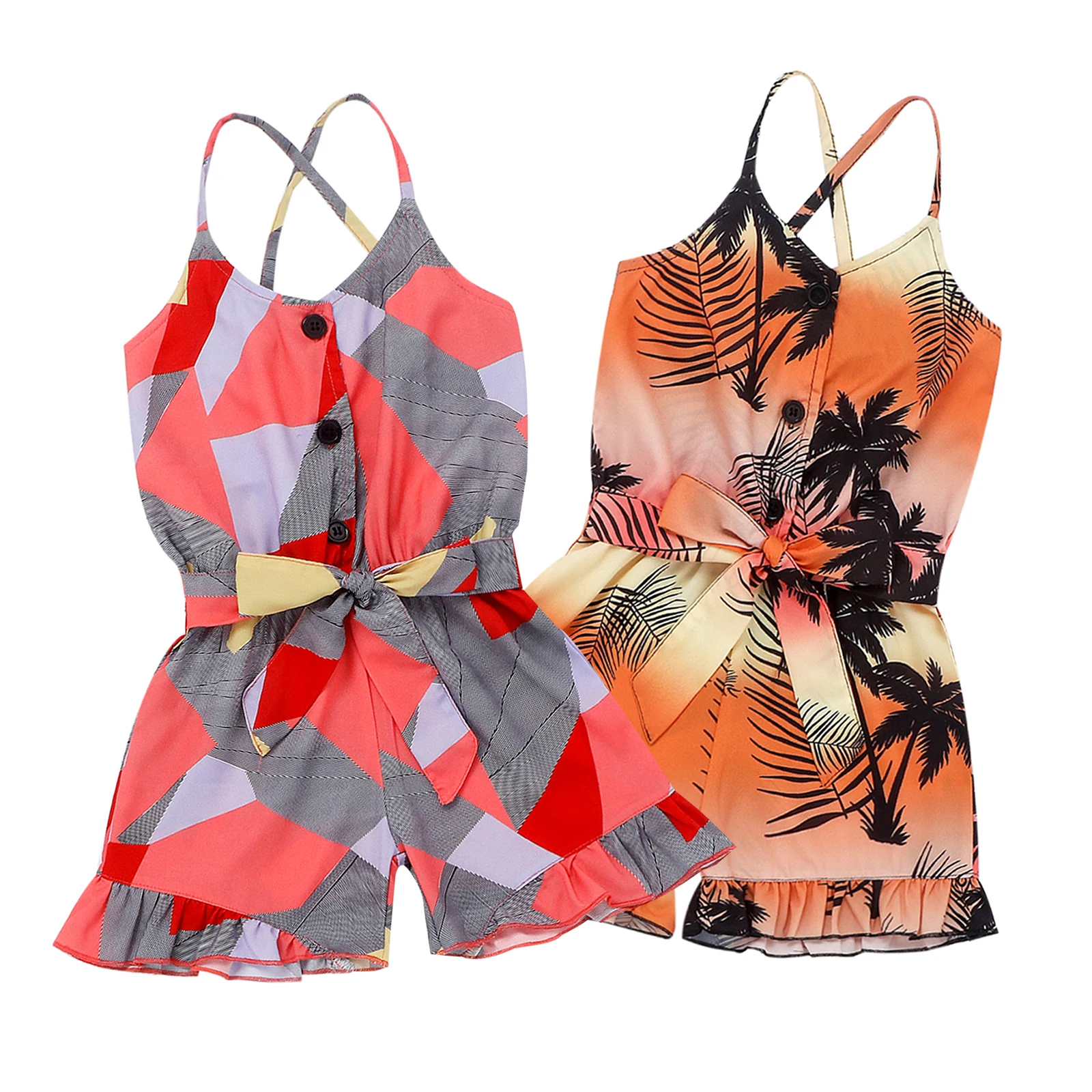 

Children Tree Print Short Romper Girls Sleeveless V-neck Sling Jumpsuit with Waistband