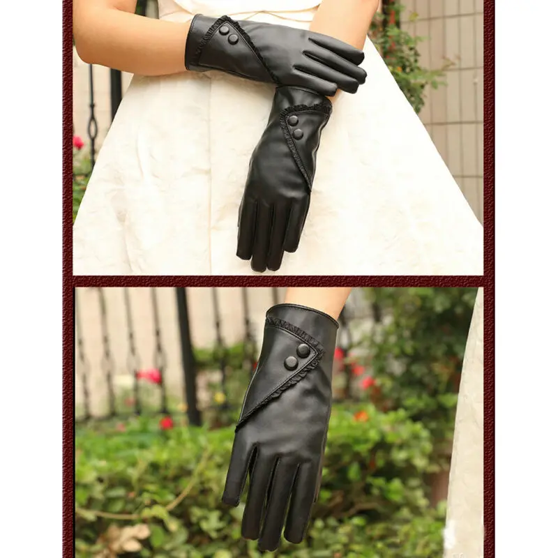 Женские зимние перчатки из искусственной кожи однотонные теплые натуральной