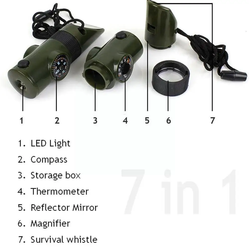 

Multifunctional Whistle 7 In 1 Survival Trekking Compass Thermometer Led Light Storage Mirror Magnifier Tools Torch L1f7