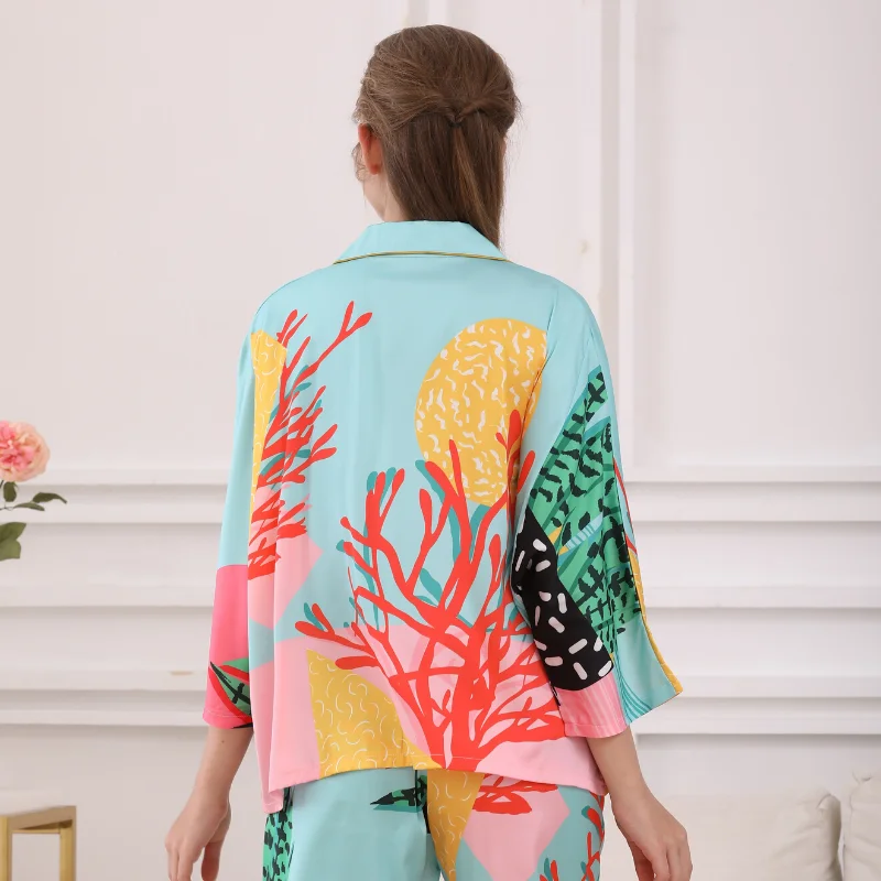 Women Silk Pyjamas Femme Satin Pijama Sleepwear Short Sleeve Fashion Pajamas for girl Nightwear Suit Home New 2021 Home Clothes